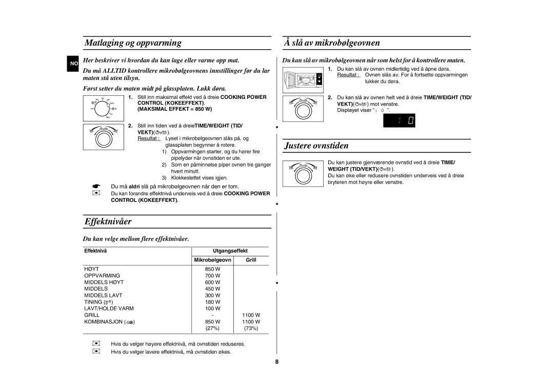 Samsung GE82NC-S/XEE manual Matlaging og oppvarming Slå av mikrobølgeovnen, Effektnivåer, Justere ovnstiden 