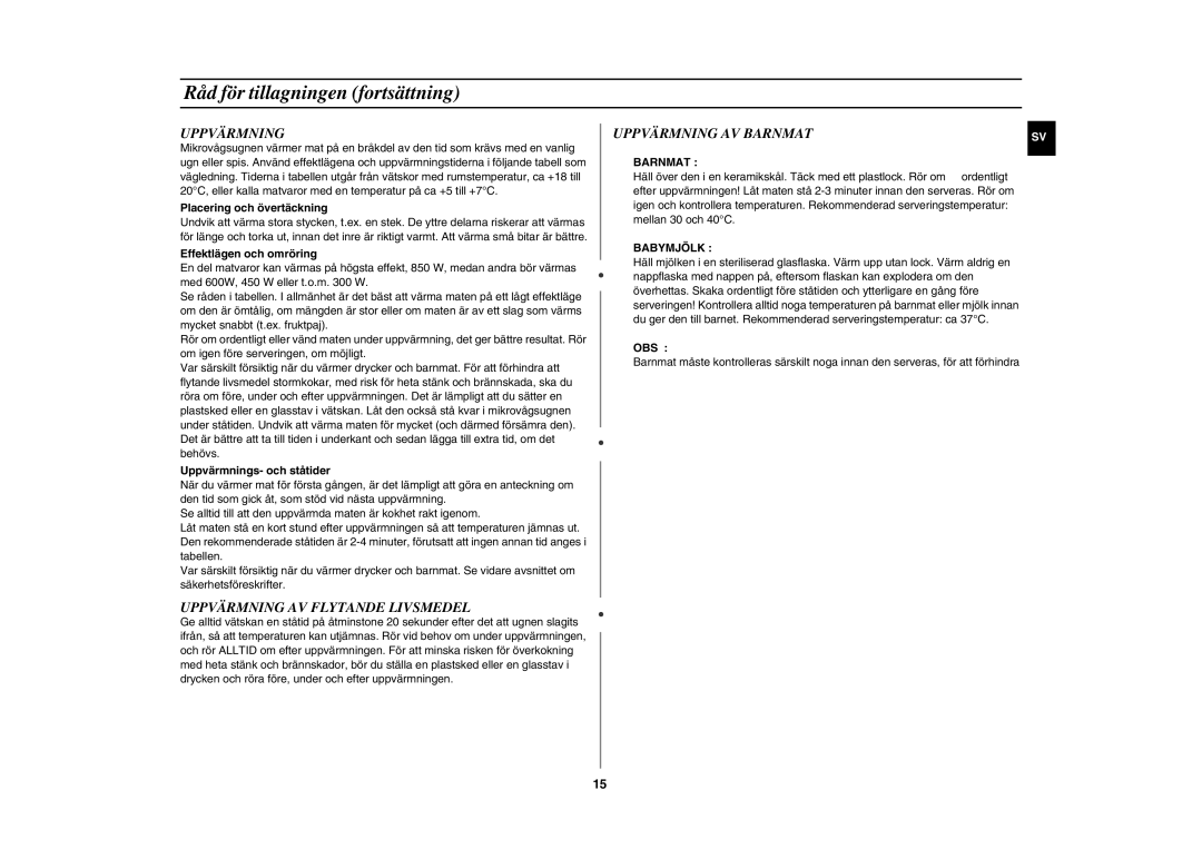 Samsung GE82NC-S/XEE manual Uppvärmning AV Flytande Livsmedel, Uppvärmning AV Barnmat 