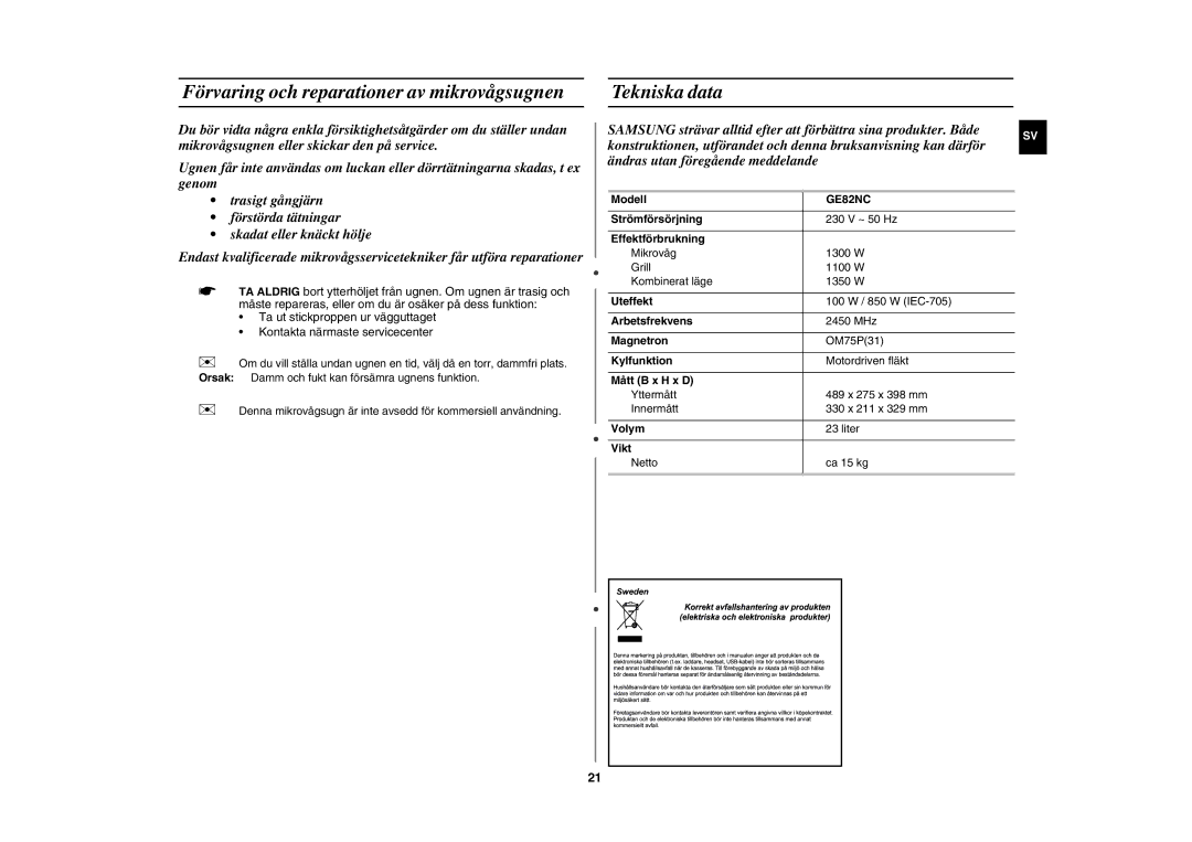 Samsung GE82NC-S/XEE manual Tekniska data 