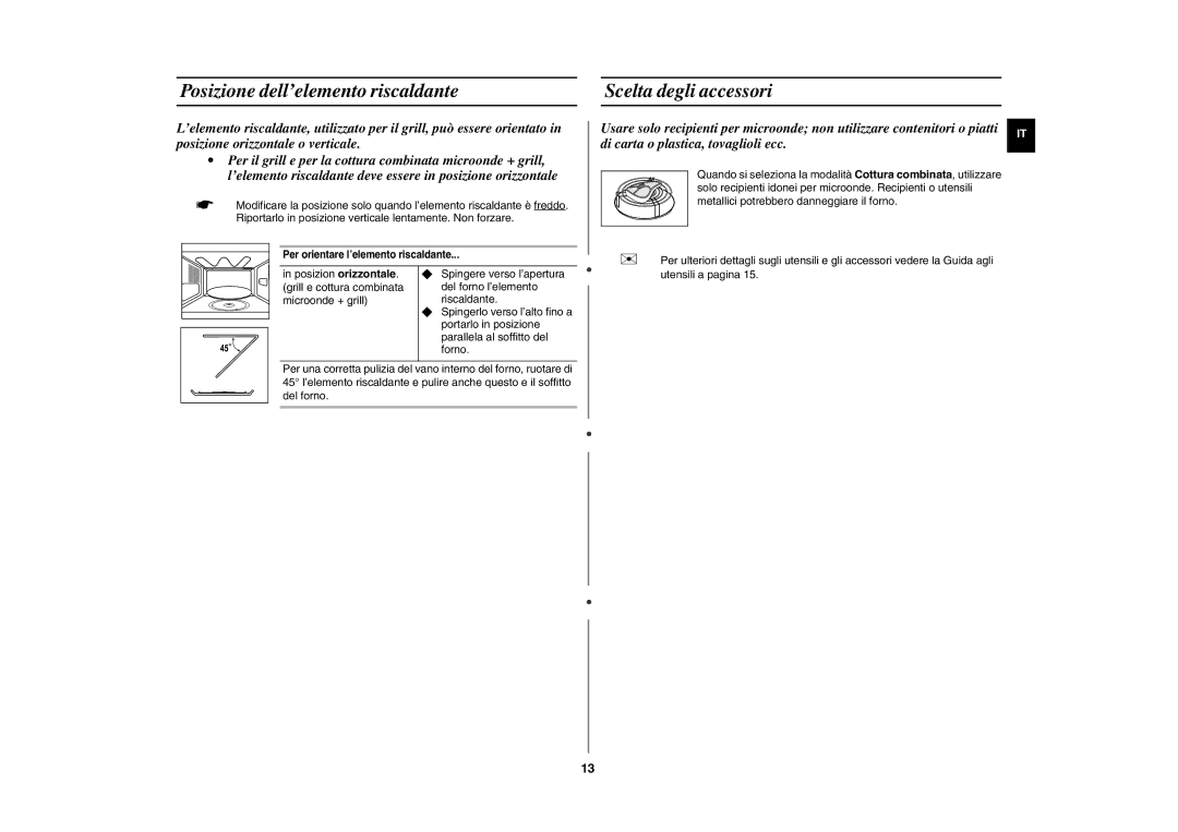 Samsung GE82P/XET, GE82P-B/XET manual Posizione dell’elemento riscaldante, Scelta degli accessori 