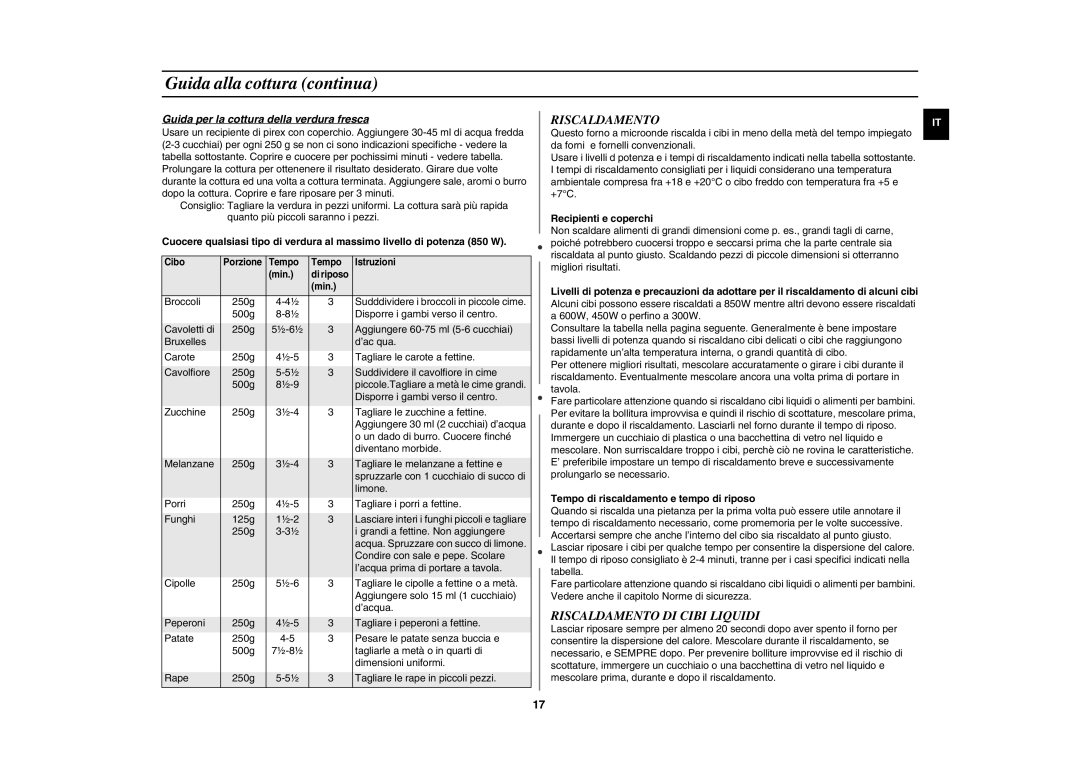 Samsung GE82P/XET, GE82P-B/XET manual Guida alla cottura continua, Riscaldamento DI Cibi Liquidi 