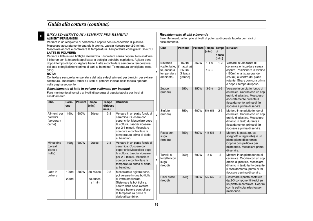 Samsung GE82P-B/XET manual Riscaldamento DI Alimenti PER Bambini, Latte in Polvere, Nota, Riscaldamento di cibi e bevande 