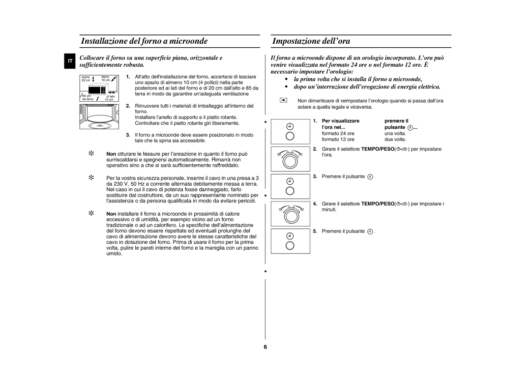 Samsung GE82P-B/XET, GE82P/XET manual Installazione del forno a microonde, Impostazione dell’ora 