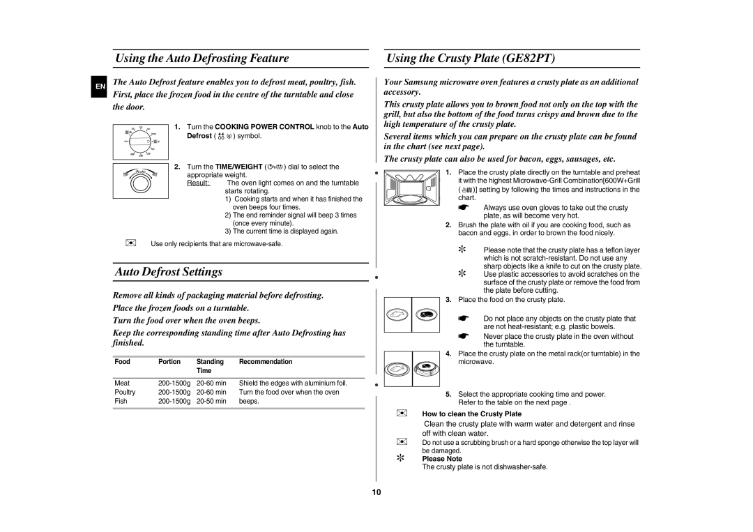 Samsung GE82P-S/ELE manual Auto Defrost Settings,  How to clean the Crusty Plate,  Please Note 