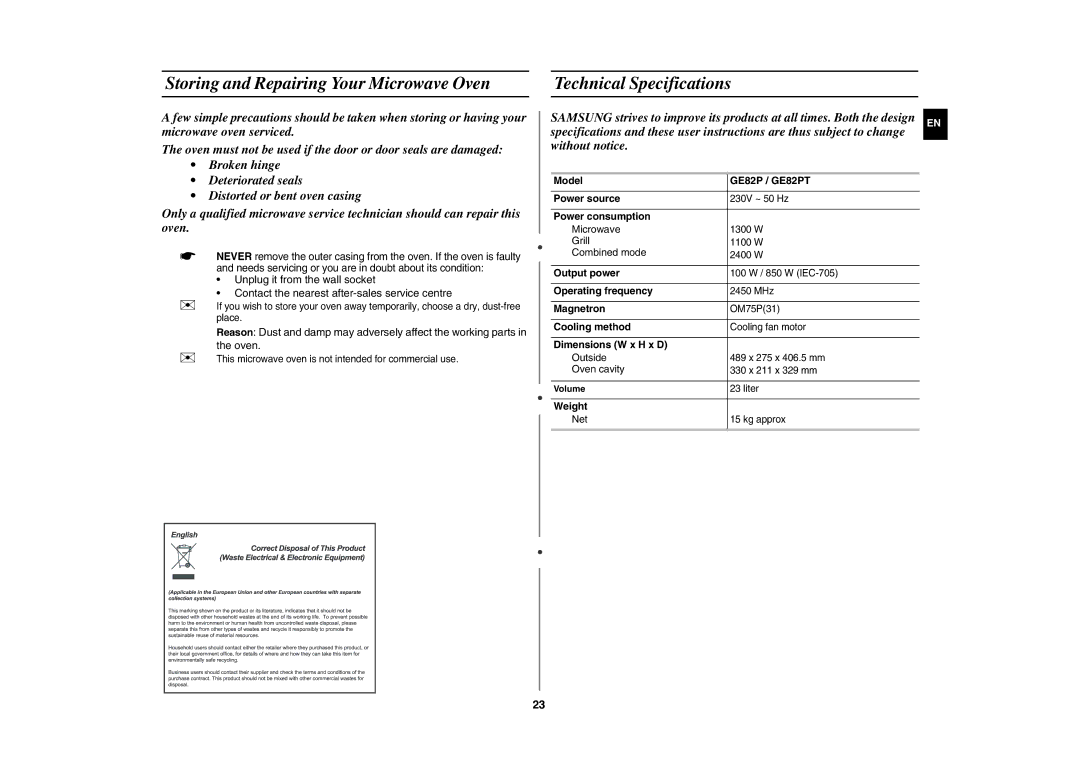 Samsung GE82P-S/ELE manual Storing and Repairing Your Microwave Oven, Technical Specifications 