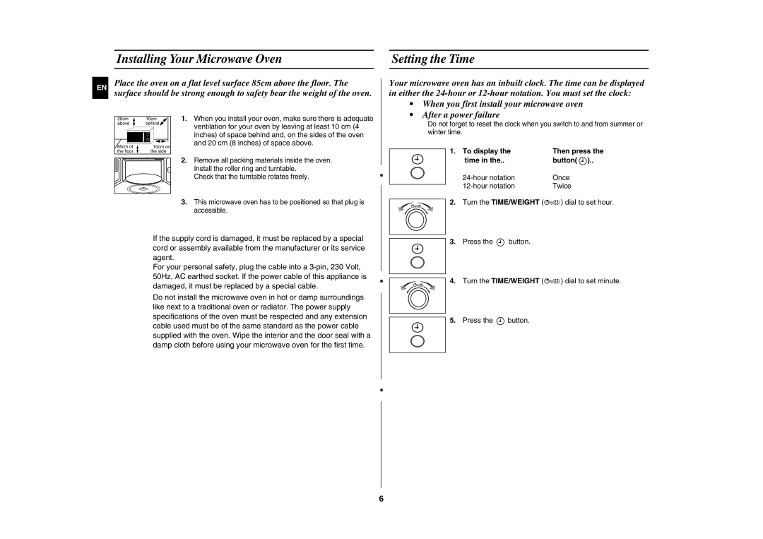 Samsung GE82P-S/ELE manual Installing Your Microwave Oven Setting the Time, To display, Time Button 