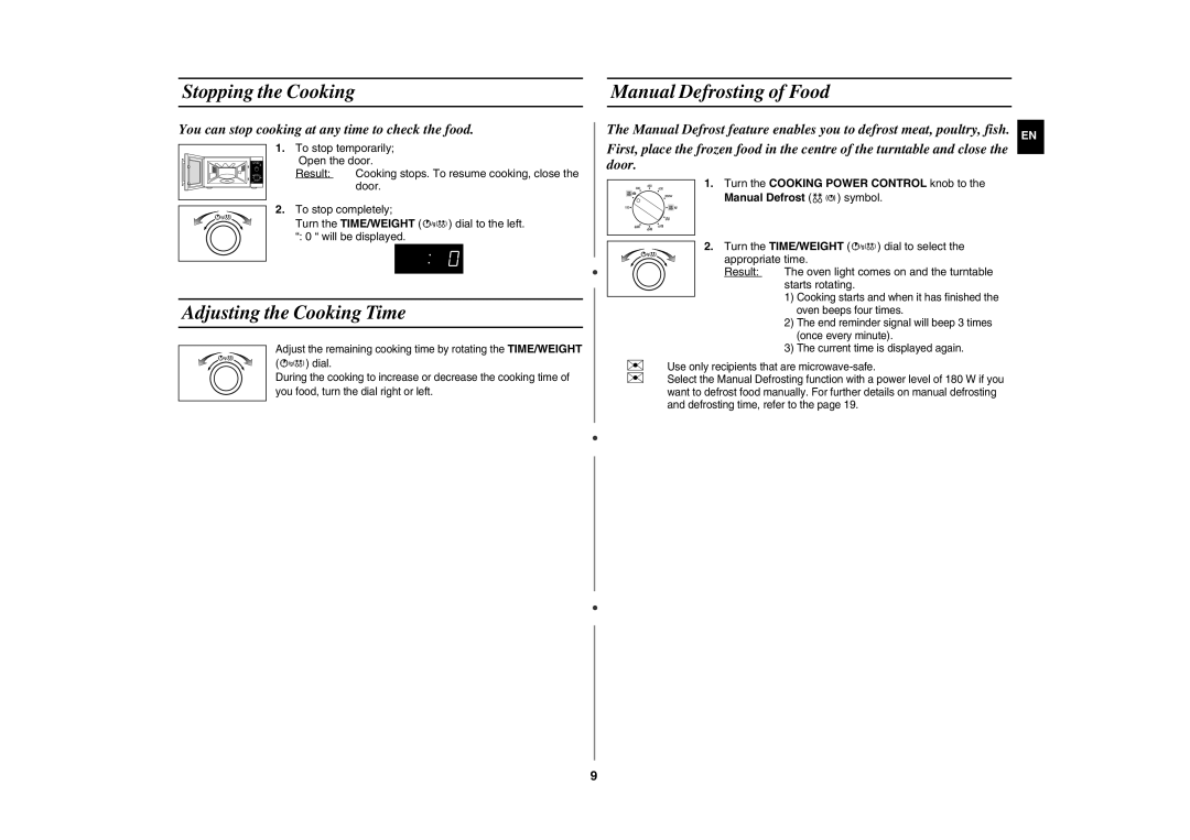 Samsung GE82P-S/ELE manual Stopping the Cooking Manual Defrosting of Food, Adjusting the Cooking Time 