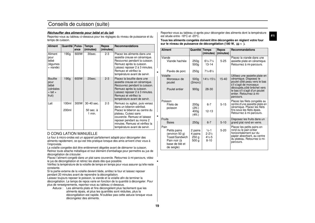 Samsung GE82P/XEF, GE82P-S/XEF manual Décongélation Manuelle, Réchauffer des aliments pour bébé et du lait 