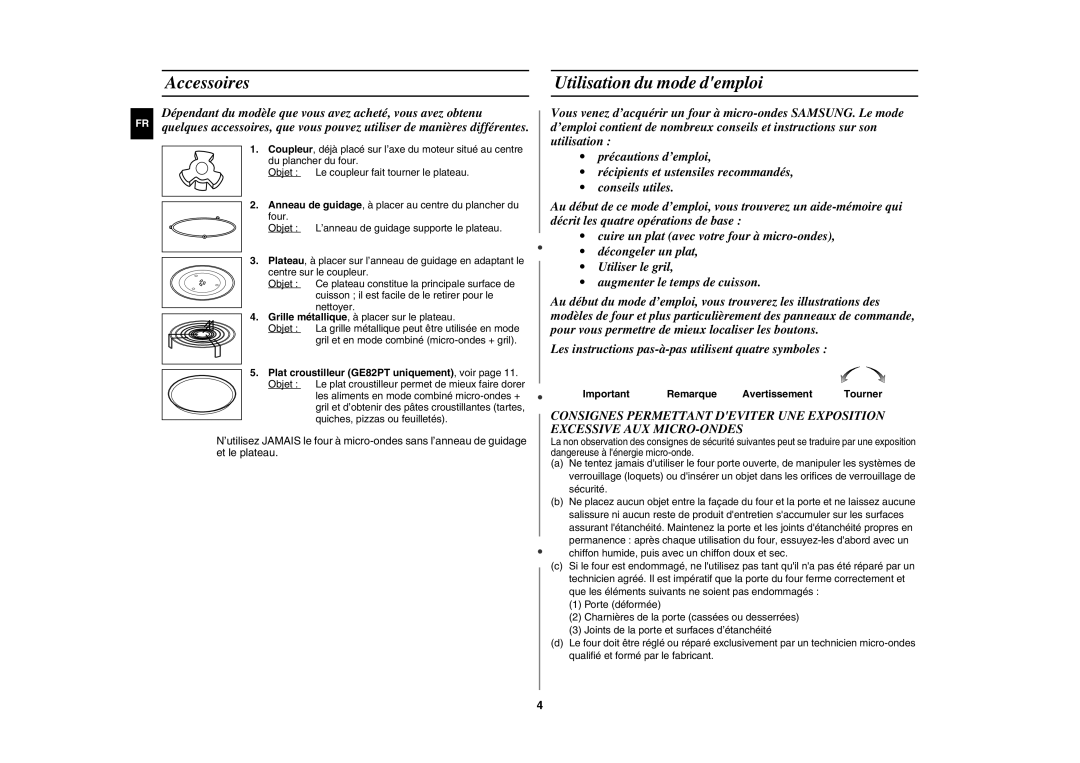 Samsung GE82P-S/XEF, GE82P/XEF manual Accessoires, Utilisation du mode demploi, Important Remarque Avertissement Tourner 