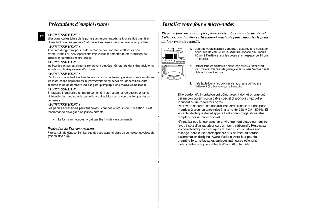 Samsung GE82P-S/XEF, GE82P/XEF manual Précautions d’emploi suite, Installez votre four à micro-ondes, FR Avertissement 