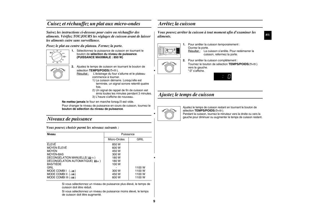 Samsung GE82P/XEF, GE82P-S/XEF manual Cuisez et réchauffez un plat aux micro-ondes, Niveaux de puissance, Arrêtez la cuisson 