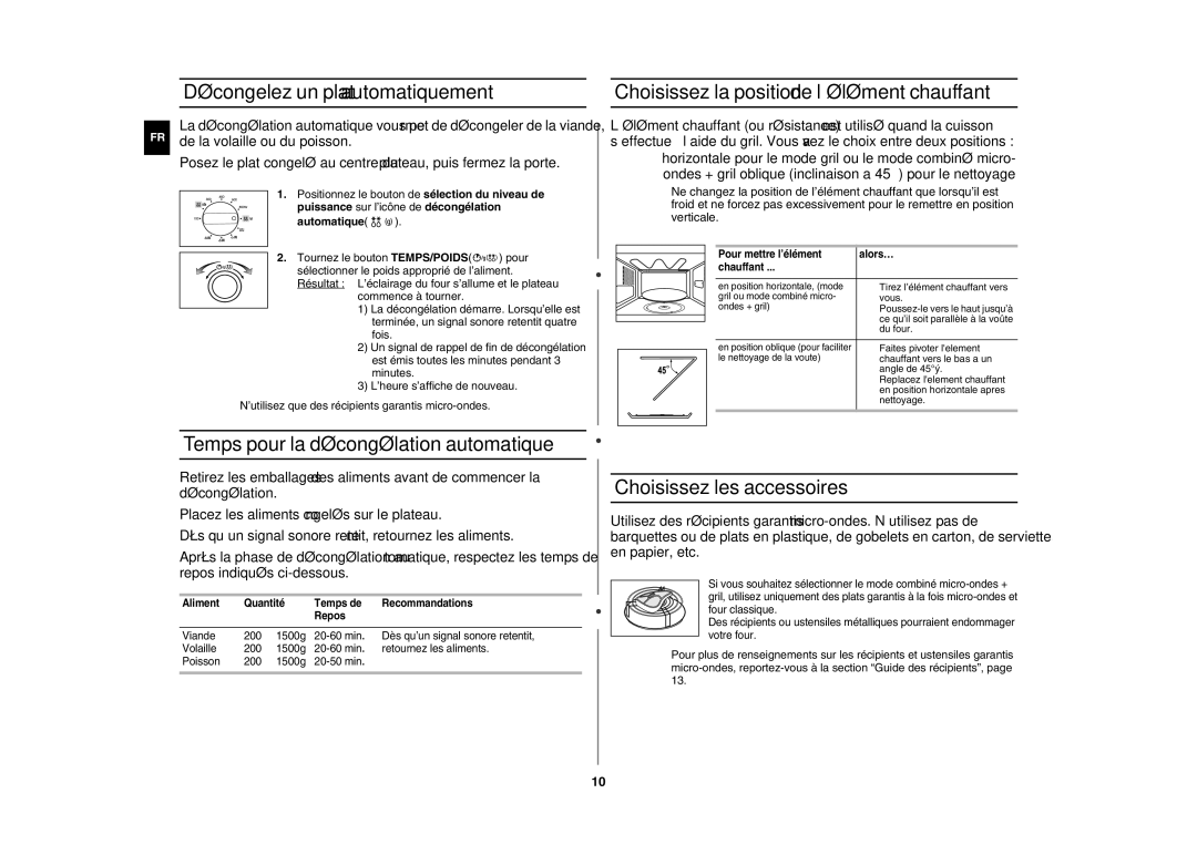 Samsung GE82P-SX/XEF, GE82P-X/XEF manual Décongelez un plat automatiquement, Choisissez la position de l’élément chauffant 