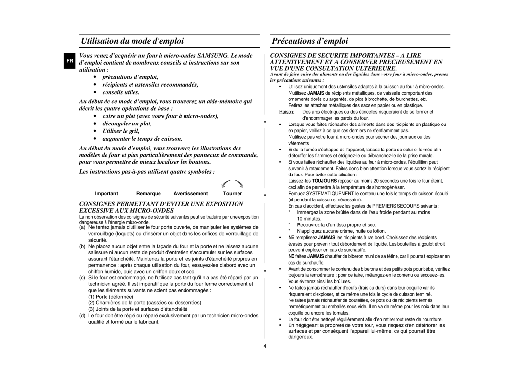 Samsung GE82P-SX/XEF manual Utilisation du mode demploi, Précautions d’emploi, Important Remarque Avertissement Tourner 