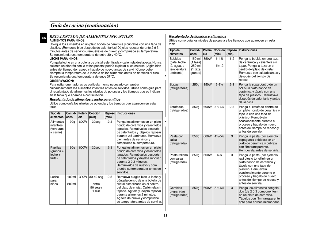 Samsung GE82P/XEC manual Recalentado DE Alimentos Infantiles, Recalentado de alimentos y leche para niños 