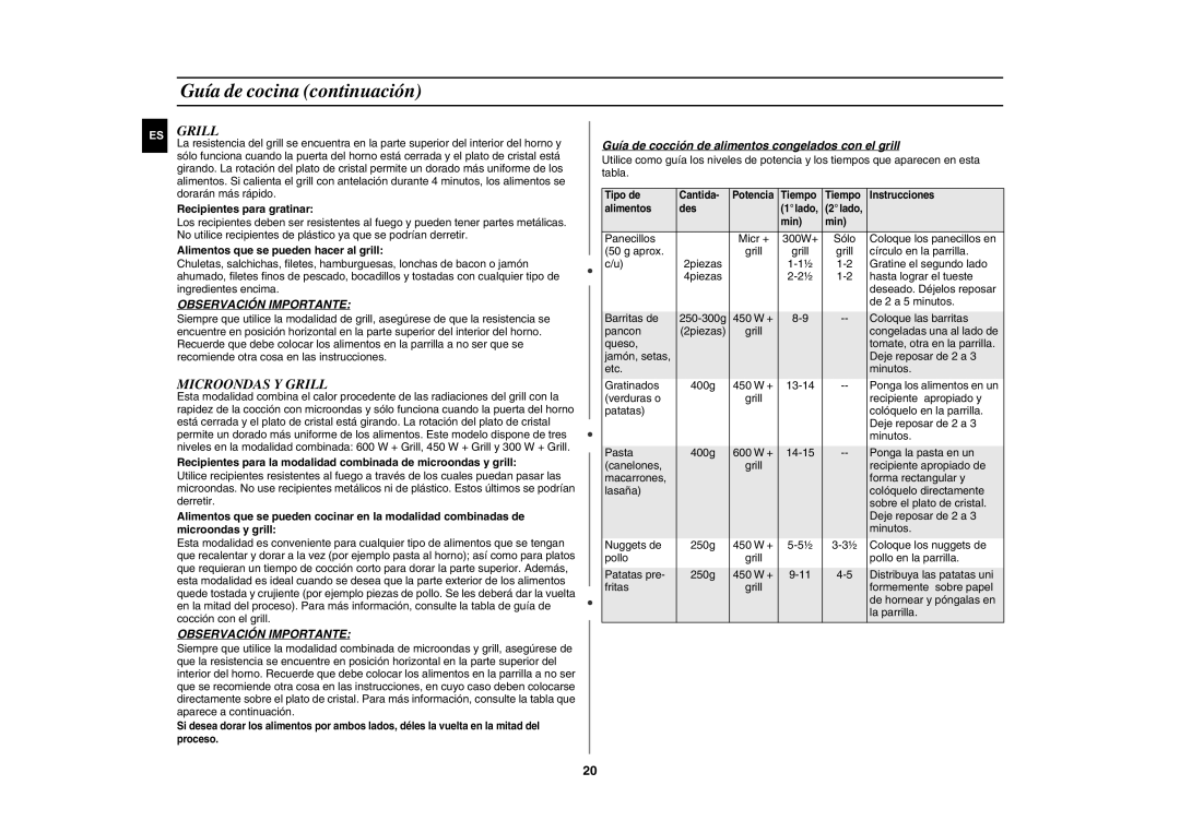 Samsung GE82P/XEC manual Microondas Y Grill, Recipientes para gratinar, Alimentos que se pueden hacer al grill 