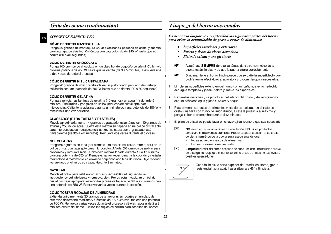 Samsung GE82P/XEC manual Limpieza del horno microondas, ES Consejos Especiales 