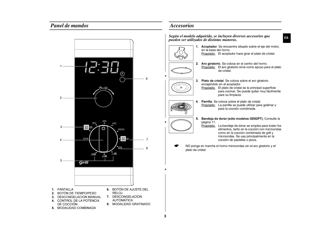 Samsung GE82P/XEC manual Panel de mandos Accesorios 