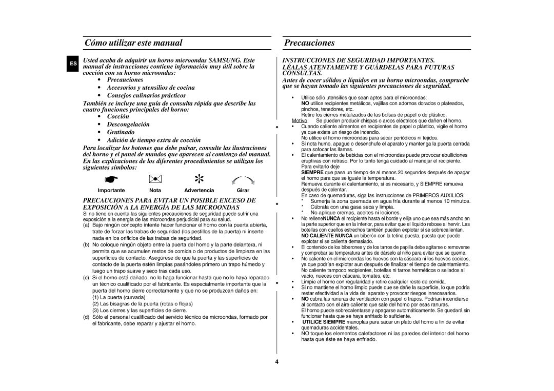 Samsung GE82P/XEC Cómo utilizar este manual Precauciones, Importante Nota Advertencia 