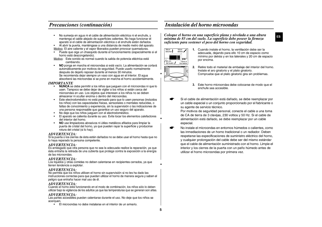 Samsung GE82P/XEC manual Precauciones continuación, Instalación del horno microondas, Importante, Advertencia 