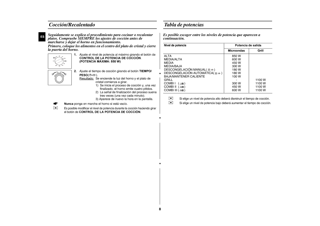 Samsung GE82P/XEC manual Cocción/Recalentado Tabla de potencias, Control DE LA Potencia DE COCCIÓN. Potencia Máxima 850 W 