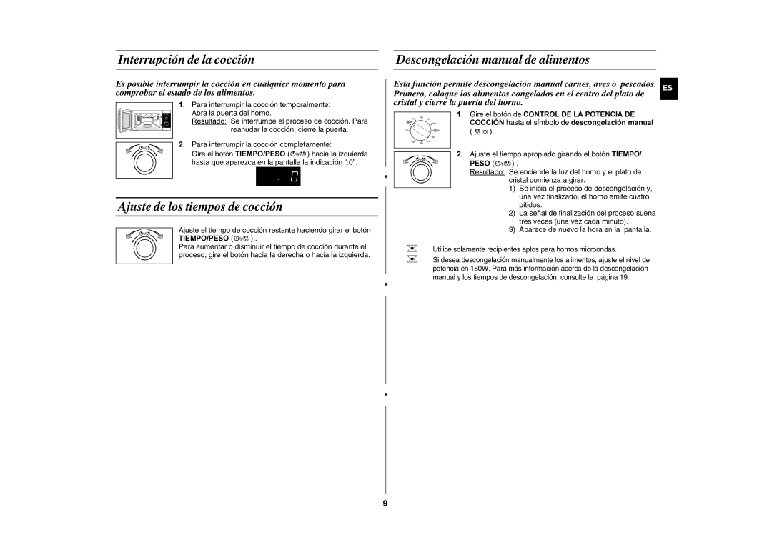 Samsung GE82P/XEC Interrupción de la cocción, Ajuste de los tiempos de cocción, Descongelación manual de alimentos 