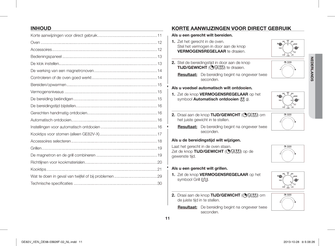 Samsung GE82V-WW/XEN manual Inhoud, Korte Aanwijzingen Voor Direct Gebruik, Als u een gerecht wilt bereiden 