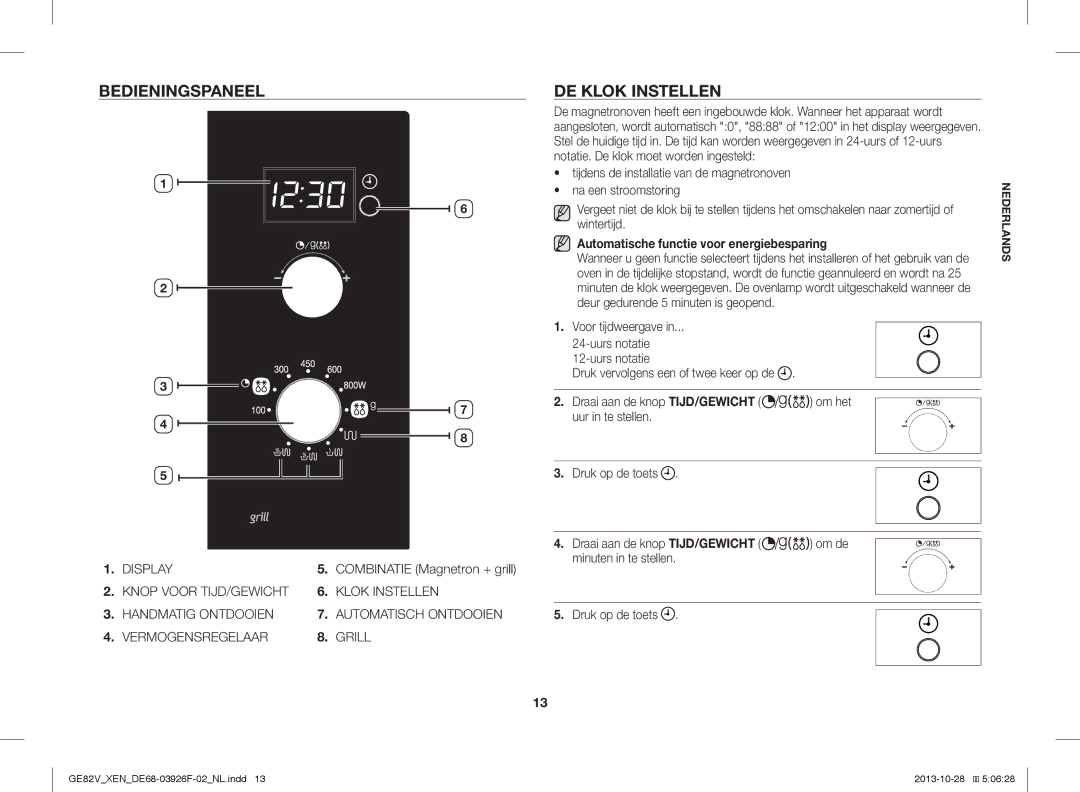 Samsung GE82V-WW/XEN manual Bedieningspaneel, DE Klok Instellen, Automatische functie voor energiebesparing 