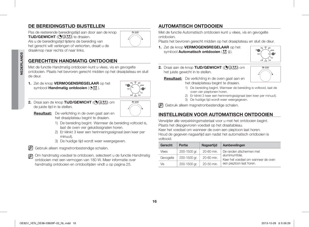 Samsung GE82V-WW/XEN manual DE Bereidingstijd Bijstellen, Gerechten Handmatig Ontdooien, Automatisch Ontdooien 