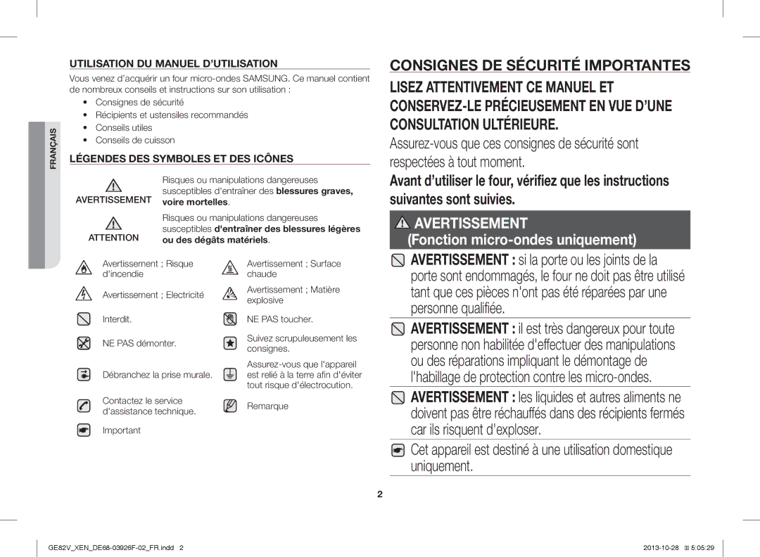 Samsung GE82V-WW/XEN manual Remarque, Contactez le service dassistance technique 