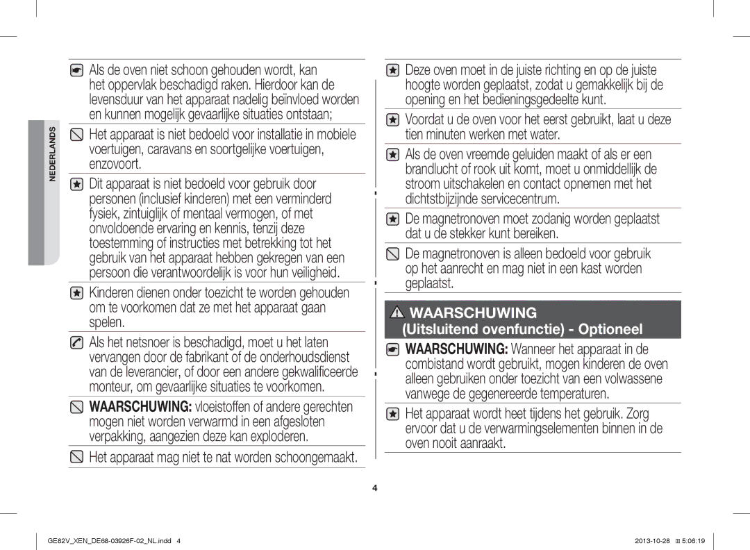 Samsung GE82V-WW/XEN manual Waarschuwing 