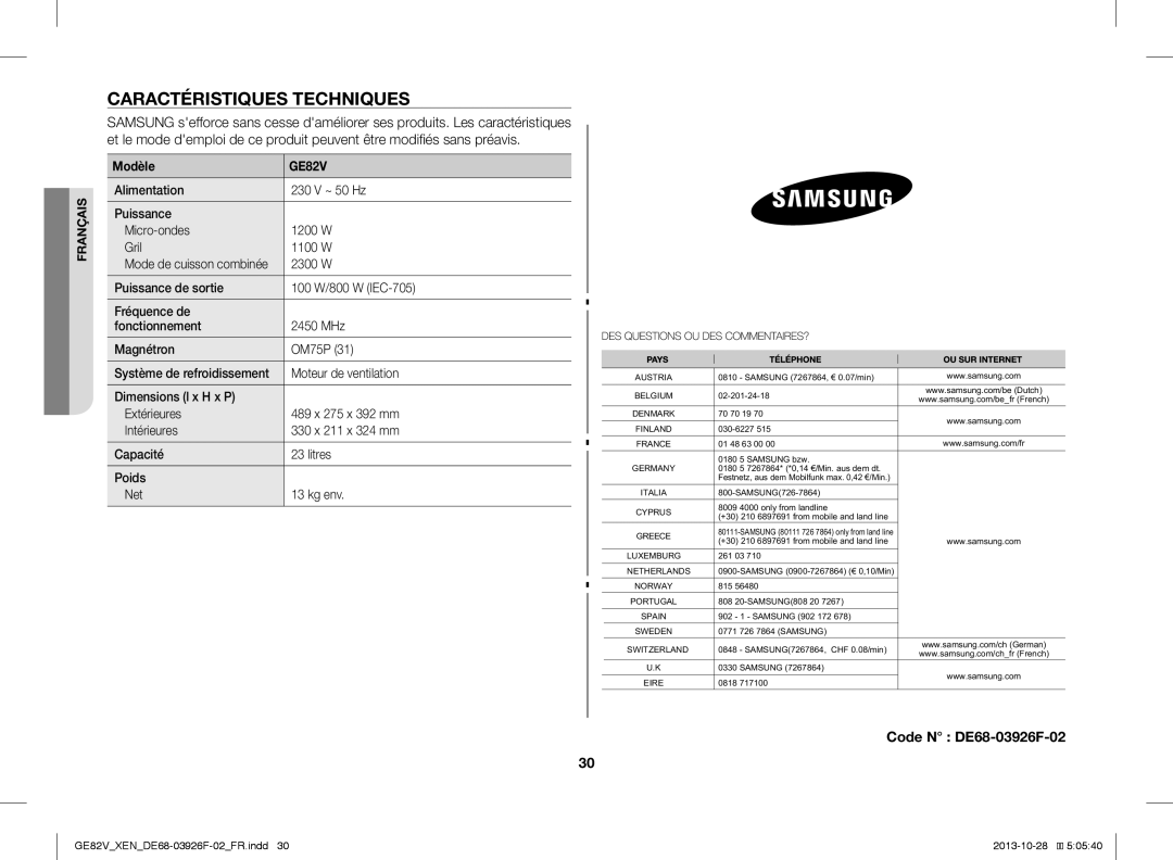 Samsung GE82V-WW/XEN manual Caractéristiques Techniques, Code N DE68-03926F-02, Modèle, Moteur de ventilation 