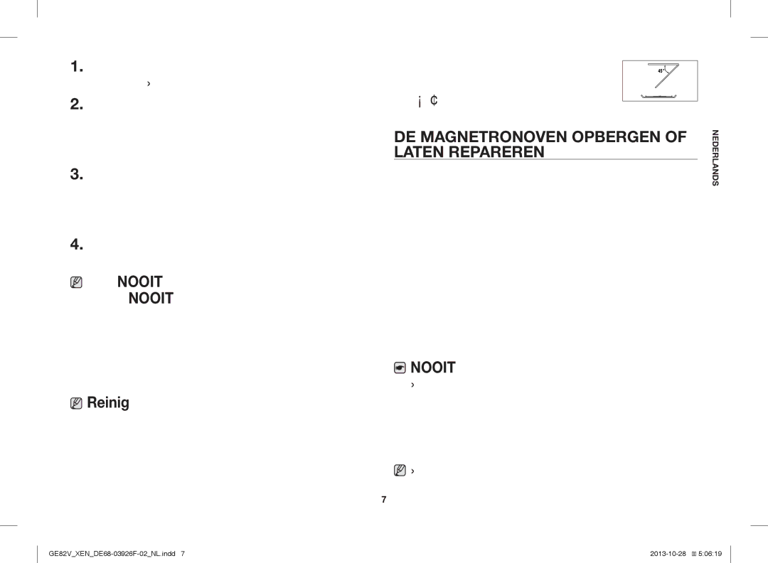 Samsung GE82V-WW/XEN manual DE Magnetronoven Opbergen of Laten Repareren 