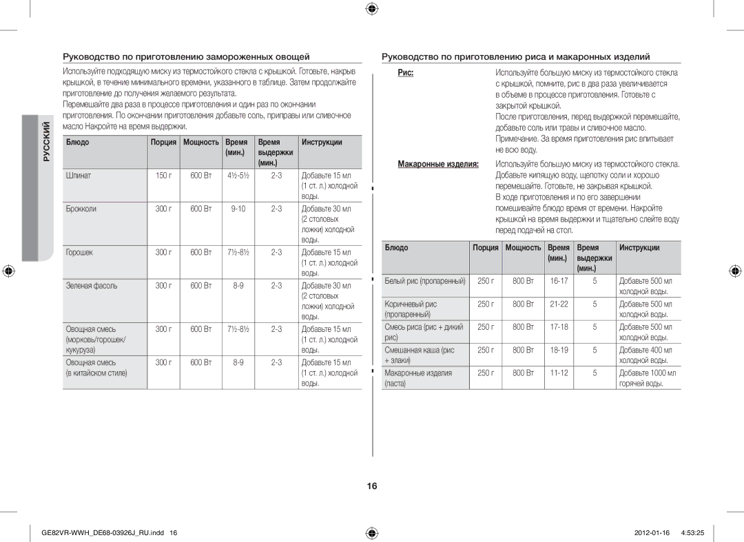 Samsung GE82VR-WWH/BWT manual Руководство по приготовлению замороженных овощей, Рис, Закрытой крышкой, Не всю воду 