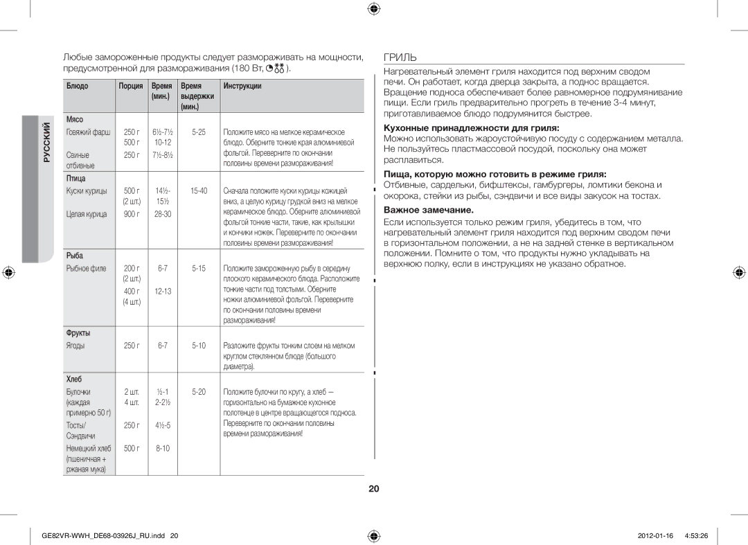 Samsung GE82VR-WWH/BWT manual Гриль, Кухонные принадлежности для гриля, Пища, которую можно готовить в режиме гриля 