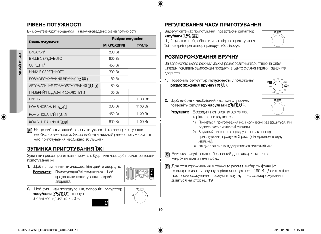 Samsung GE82VR-WWH/BWT Рівень Потужності, Зупинка Приготування ЇЖІ, Регулювання Часу Приготування, Розморожування Вручну 