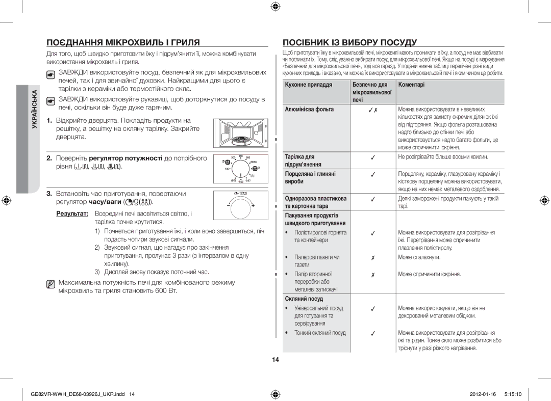 Samsung GE82VR-WWH/BWT manual Поєднання Мікрохвиль І Гриля, Посібник ІЗ Вибору Посуду 