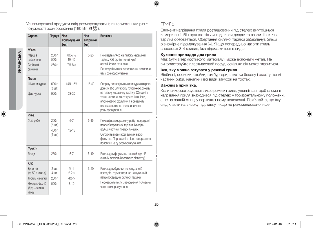 Samsung GE82VR-WWH/BWT manual Кухонне приладдя для гриля, Їжа, яку можна готувати у режимі гриля, Важлива примітка 