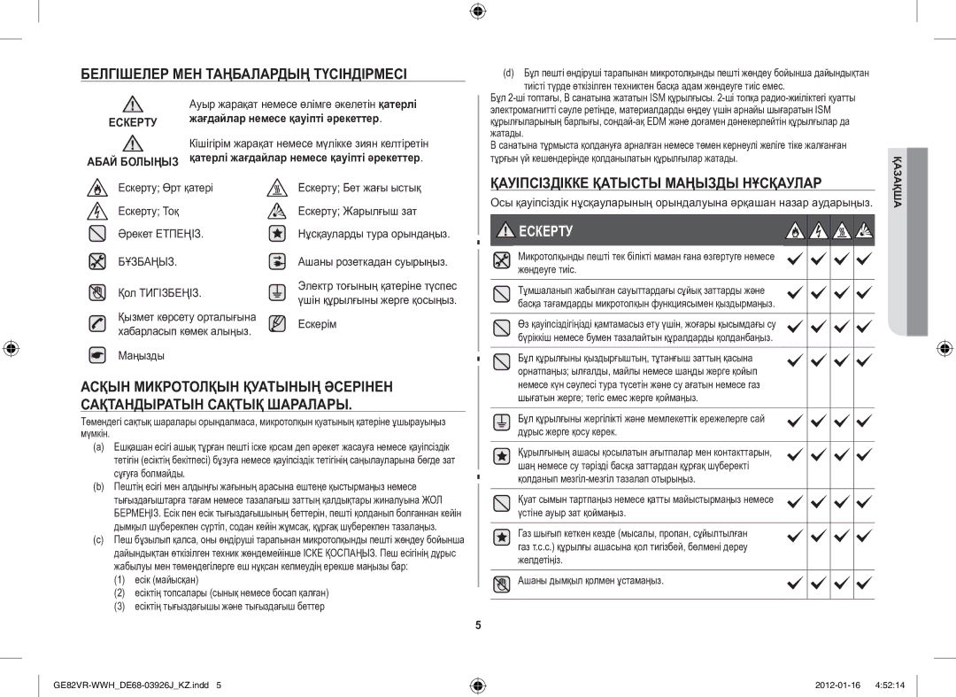 Samsung GE82VR-WWH/BWT manual Белгішелер МЕН Таңбалардың Түсіндірмесі, Қауіпсіздікке Қатысты Маңызды Нұсқаулар 