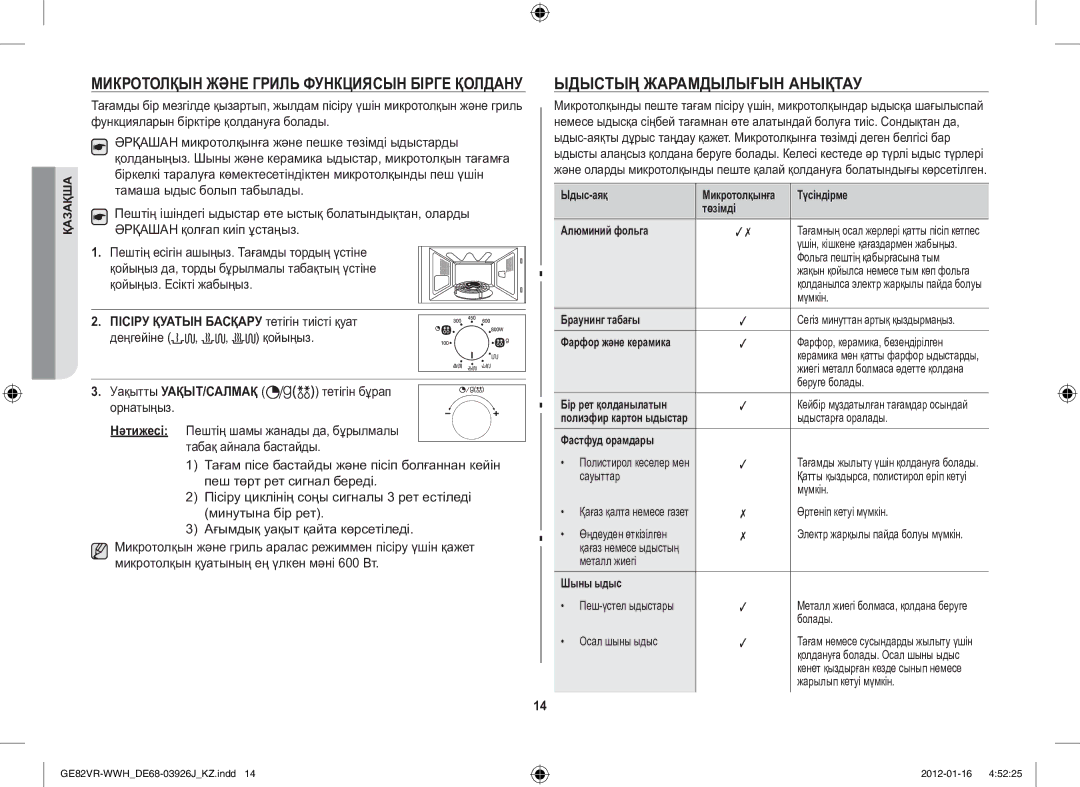 Samsung GE82VR-WWH/BWT manual Ыдыстың Жарамдылығын Анықтау 