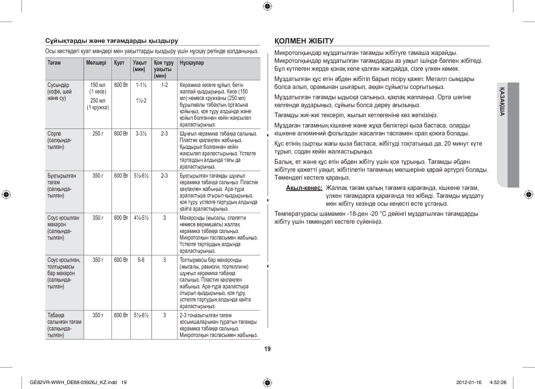 Samsung GE82VR-WWH/BWT manual Қолмен Жібіту, Сұйықтарды және тағамдарды қыздыру, Қуат Уақыт, Мин Уақыты 