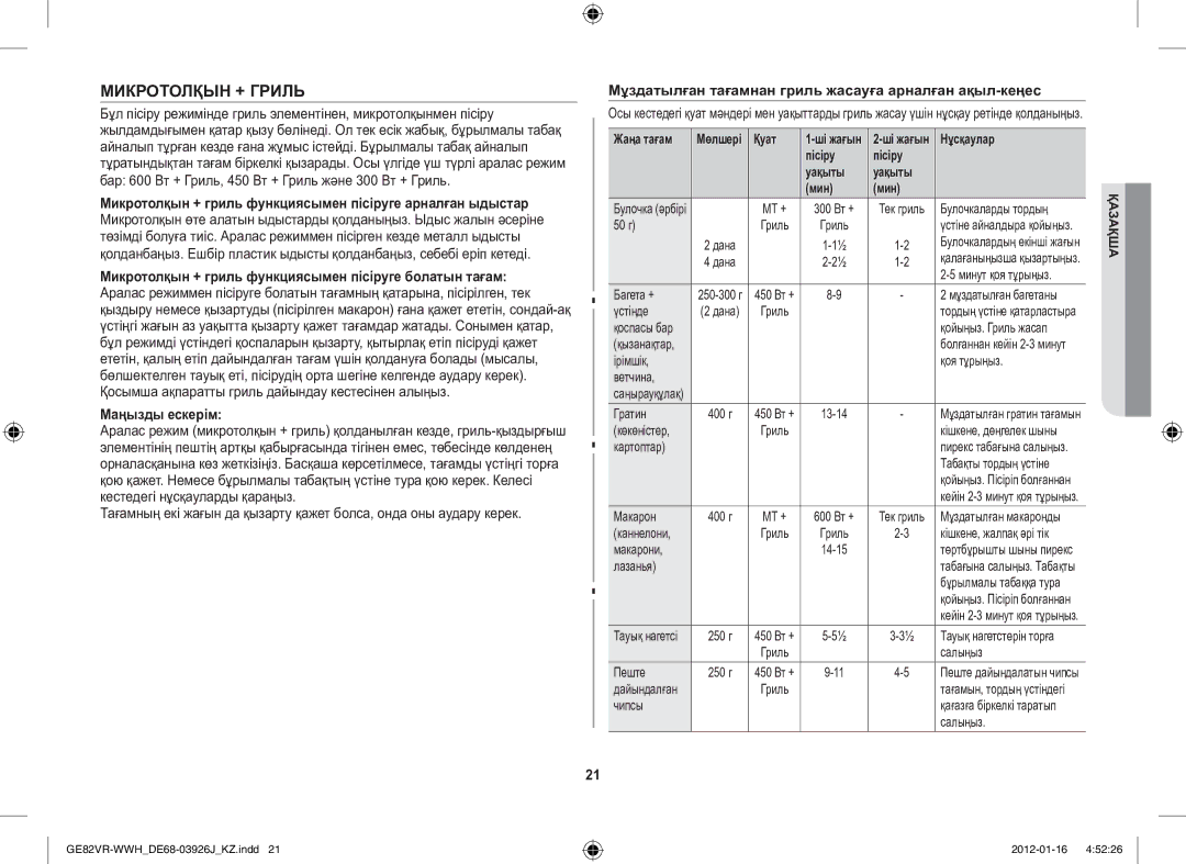 Samsung GE82VR-WWH/BWT manual Микротолқын + Гриль, Мұздатылған тағамнан гриль жасауға арналған ақыл-кеңес, Жаңа тағам 