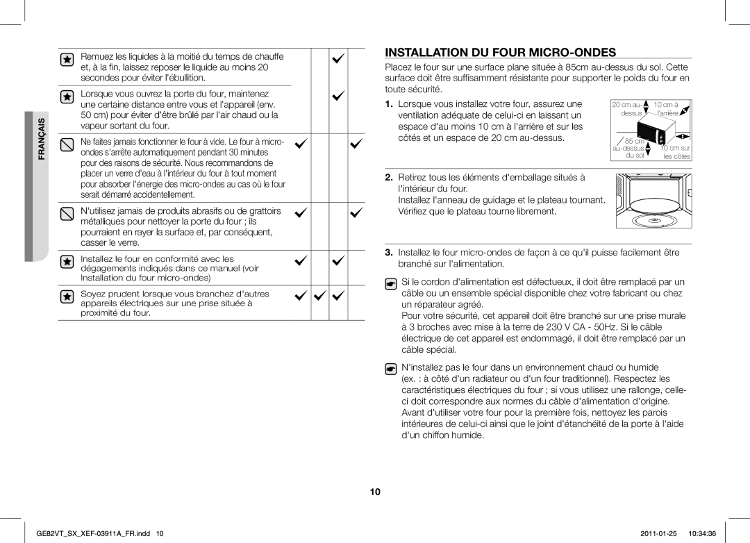 Samsung GE82VT-S/XEF, GE86VT-SXH/XEF manual Installation DU Four MICRO-ONDES 