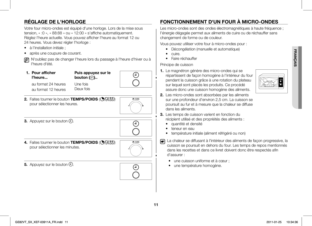 Samsung GE86VT-SXH/XEF manual Réglage DE Lhorloge, Fonctionnement DUN Four À MICRO-ONDES, Pour afficher, ’heure Bouton 