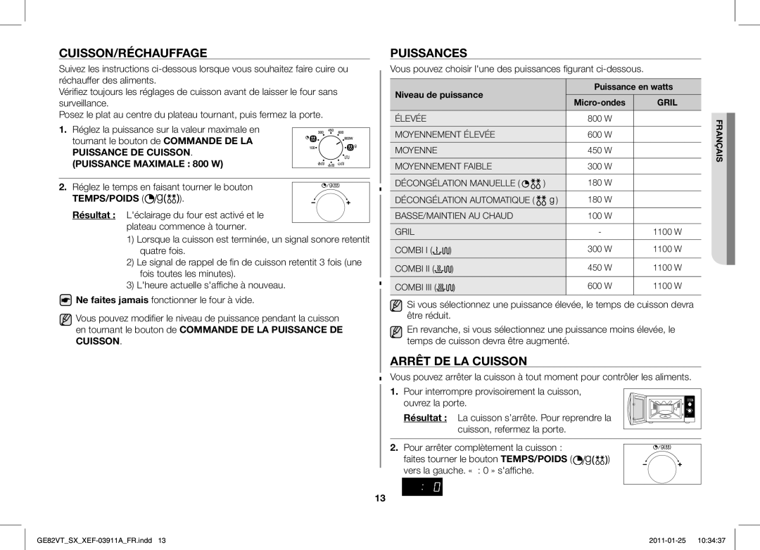 Samsung GE86VT-SXH/XEF Cuisson/Réchauffage, Puissances, Arrêt DE LA Cuisson, Réglez le temps en faisant tourner le bouton 