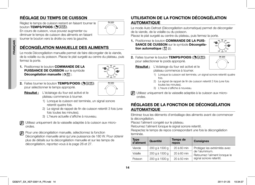 Samsung GE82VT-S/XEF, GE86VT-SXH/XEF manual Réglage DU Temps DE Cuisson, Décongélation Manuelle DES Aliments 