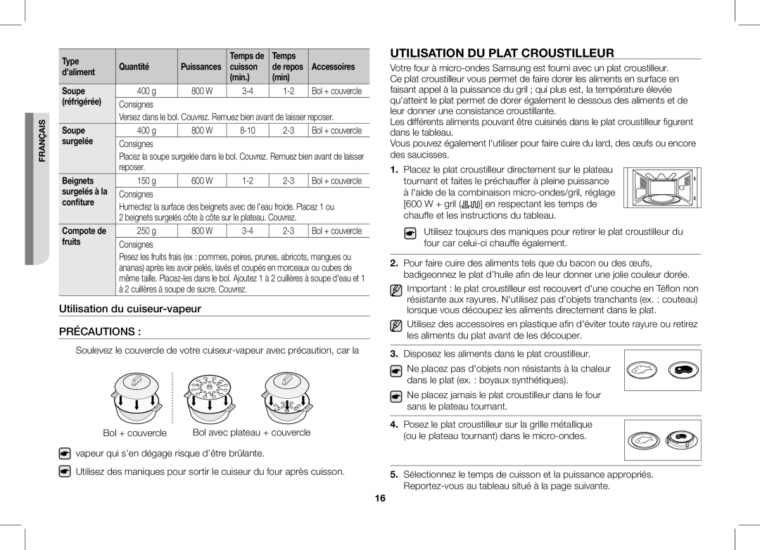 Samsung GE82VT-S/XEF, GE86VT-SXH/XEF manual Utilisation DU Plat Croustilleur, Précautions 