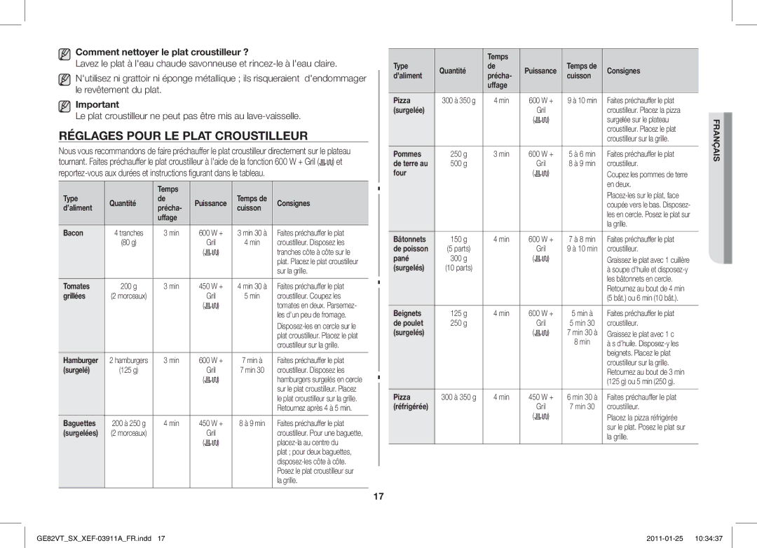 Samsung GE86VT-SXH/XEF, GE82VT-S/XEF manual Réglages Pour LE Plat Croustilleur, Comment nettoyer le plat croustilleur ? 