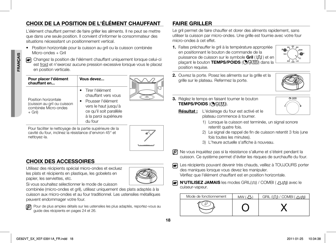 Samsung GE82VT-S/XEF, GE86VT-SXH/XEF manual Choix DE LA Position DE Lélément Chauffant, Choix DES Accessoires, Faire Griller 