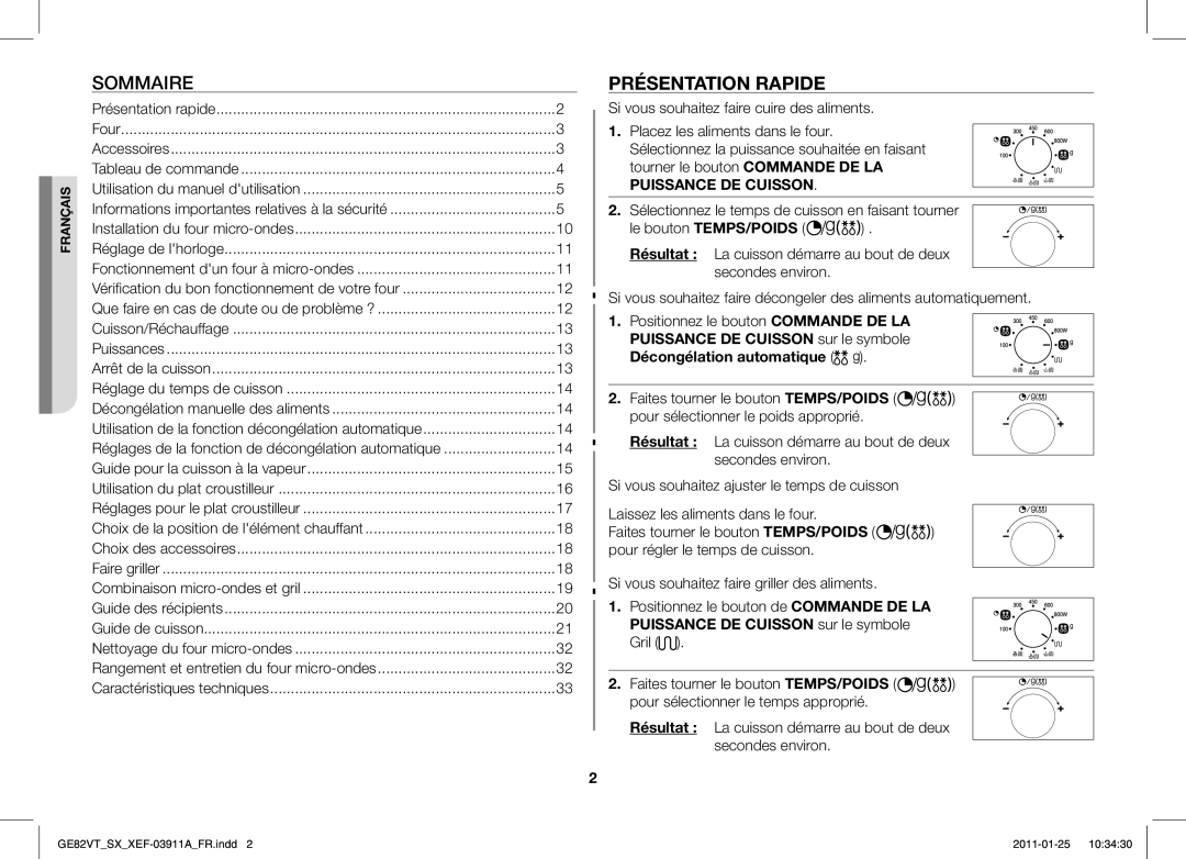 Samsung GE82VT-S/XEF, GE86VT-SXH/XEF manual Présentation Rapide, Puissance DE Cuisson sur le symbole Gril 