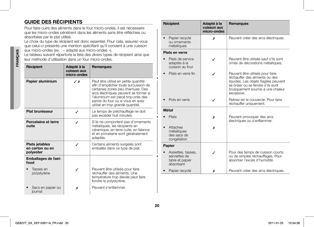 Samsung GE82VT-S/XEF, GE86VT-SXH/XEF manual Guide DES Récipients 